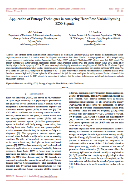 Application of Entropy Techniques in Analyzing Heart Rate Variabilityusing ECG Signals