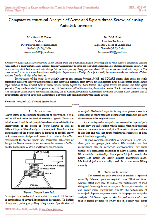Comparative structural Analysis of Acme and Square thread Screw jack using Autodesk Inventor